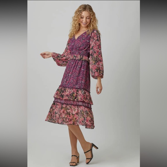 M15. NEW Mystree Burgundy Floral Long Sleeve Midi Dress - Picture 1 of 7